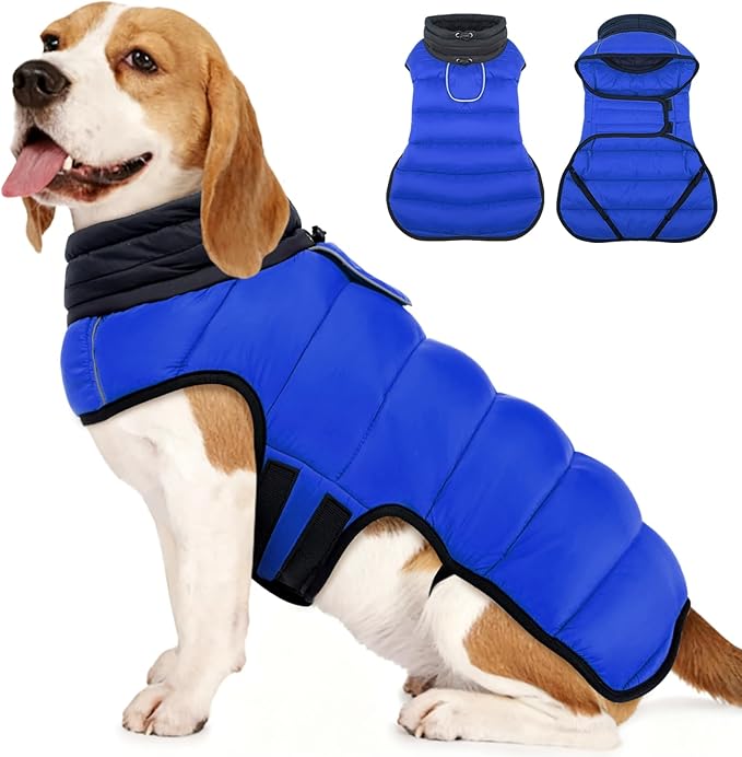 MIGOHI Lightweight Dog Coat, Windproof Dog Jacket, Puffer Jacket for Medium Dogs, Padded Vest with Reflective Strips, Warm Snow Vest in Cold Weather, Easy On Hook & Loop Belly, Blue, L