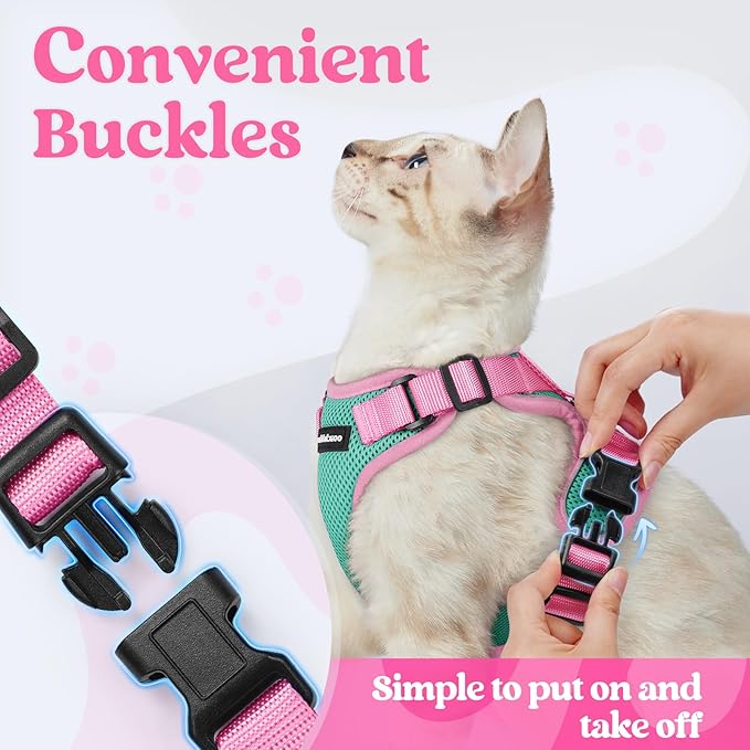 rabbitgoo Cat Harness and Leash Set, Escape Proof Soft Adjustable Vest Harnesses for Outdoor Walking, Easy Control Breathable Kitten Jacket with Reflective Strips, Green & Pink, S