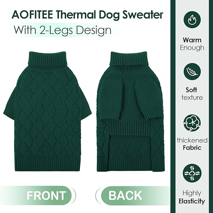 AOFITEE Dog Sweater, Turtleneck Dog Sweaters for Small Dogs Female, Dogs Winter Sweaters Girl Boy, Small Pet Christmas Sweater, Classic Cable Holiday Knitwear for Pug Dachshund (Green, S)