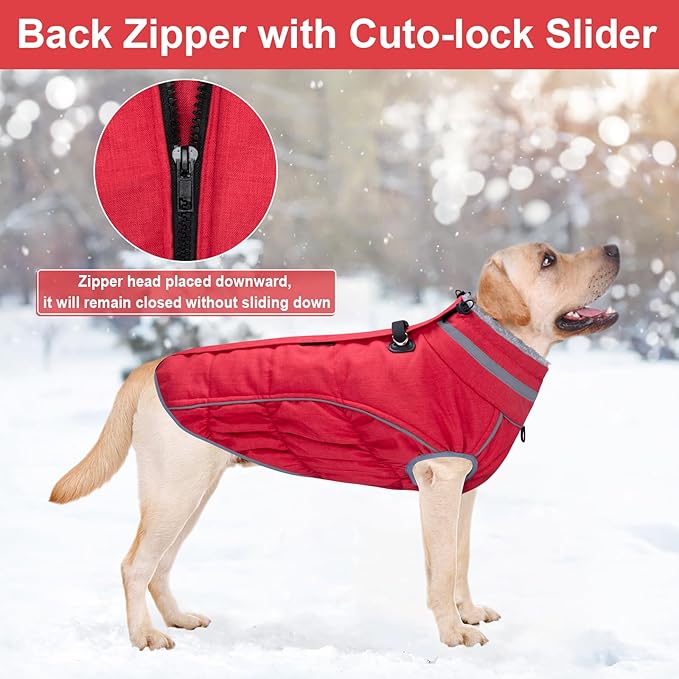 Malier Dog Coat, Reflective Dog Jacket Waterproof Windproof Puppy Cold Weather Coats with Harness Built in, Winter Extra Warm Pet Coat Fleece Vest for Small Large Pets and Puppy (Red, Medium)