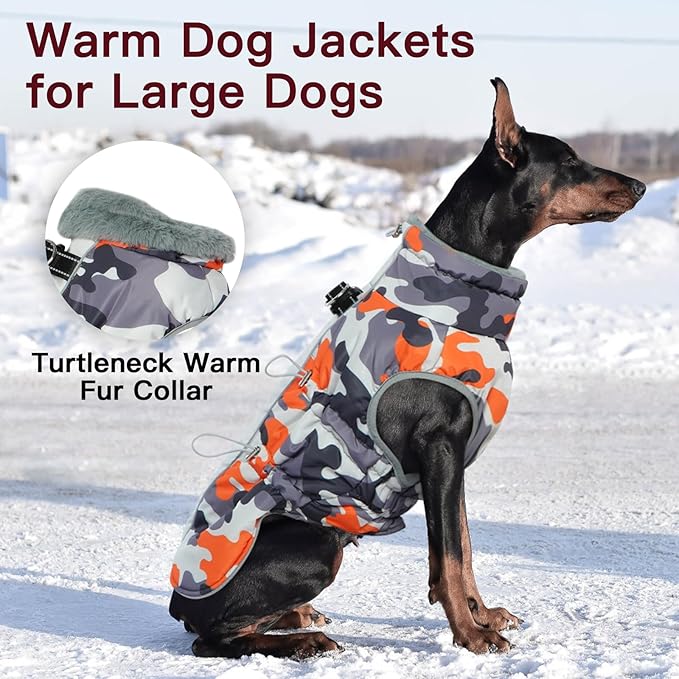 Medium Dog Coat Dog Winter Jacket Warm Dog Coat with Harness Reflective Dog Snow Jacket Water-Resistant Dog Vest Zip Up Snowsuitfor Medium Dogs Jack Russell, Mini Schnauzer Orange-Camouflage