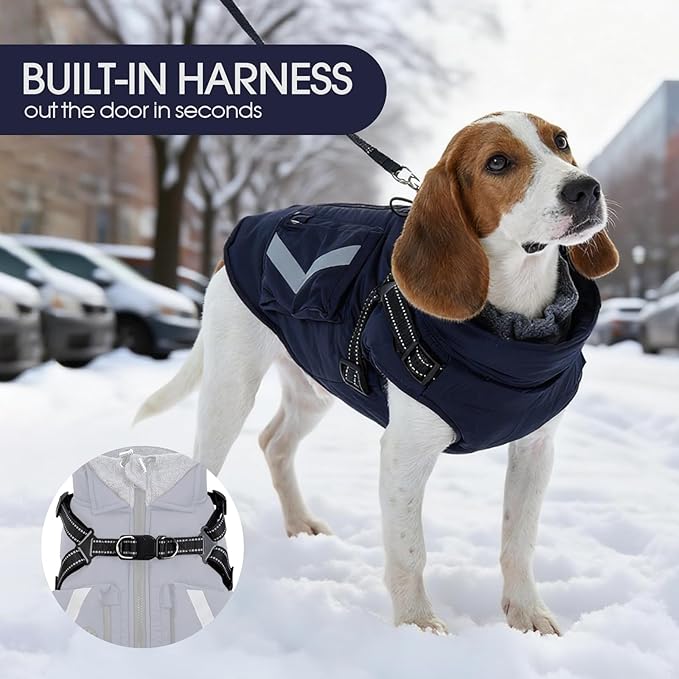 FUAMEY Dog Coat Zipper on Back, Fleece Lined Dogs Jacket for Winter with Harness Built-in, Insulated Clothes Large Doggy Cold Weather Outfits with Pop Bag Pockets, Jack Russell (Dark Blue, L)