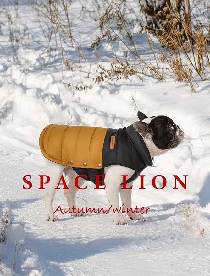 SPACE LION Dog Puffer Jacket, Down Winter Coat, Durable Outdoor Coat for Cold and Windy Conditions, Waterproof, Lightweight Jacket, Adjustable Fit for Small, Medium, Large Dogs(BlackKhaki,24/2XL)