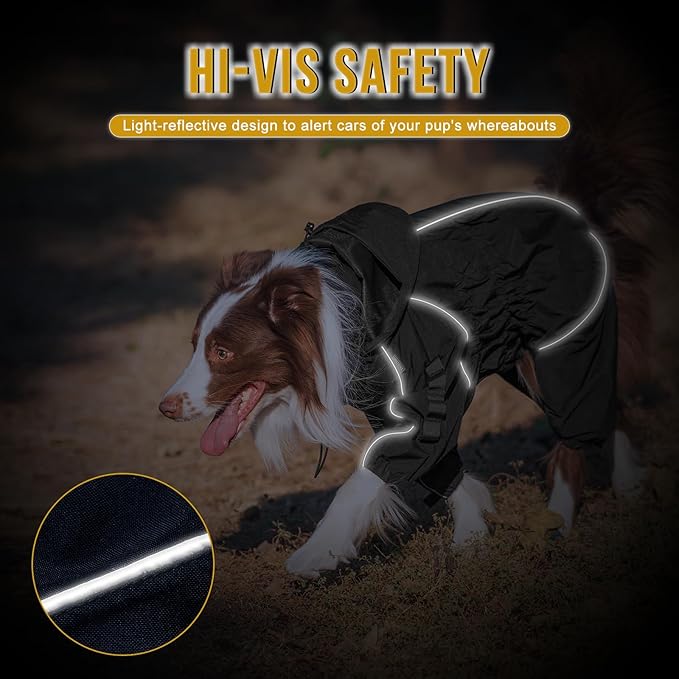 OneTigris Dog Raincoat with Hood for Medium Large Dogs, Waterproof & Reflective, 4 Legs Dog Rain Jacket Adjustable Puppy Poncho for The Rain and Snow (Black, X-Large)