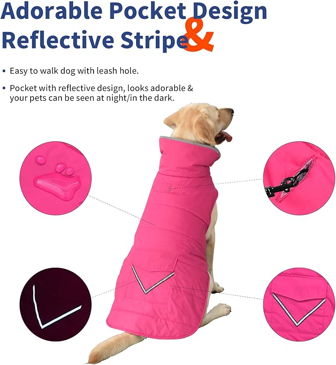 Dog Coat, Waterproof Dog Winter Jacket with Pocket, Reflective Adjustable Pet Snow Vest, Warm Cozy Fleece Sweater for Small Medium Extra Large Dogs - Pink, 2XL