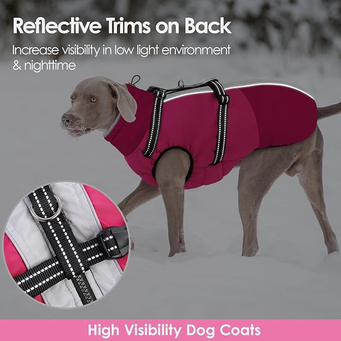 AOFITEE Dog Coat, Windproof Turtleneck Dog Jacket with Built in Harness, Reflective Dogs Jackets with Fleece Lining, Waterproof Pet Winter Coat for Cold Weather for Border Collie, Beagle, Hot Pink XL