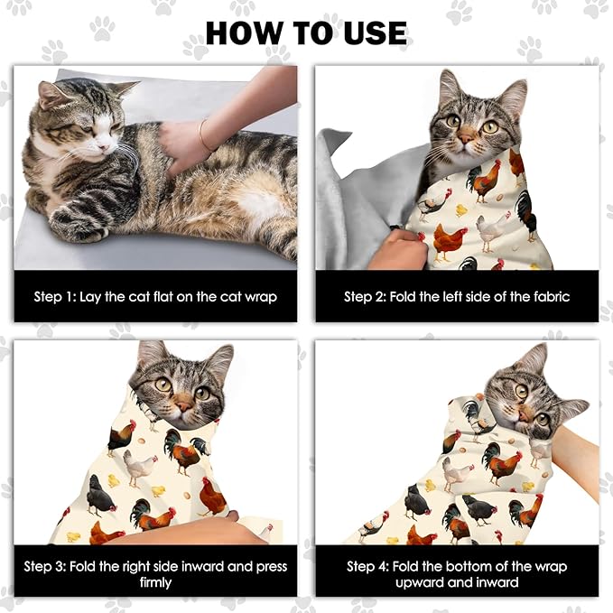 27.6" Cat Grooming Wrap, Self Adhesive Cat Wrap for Cutting Nails, Anti-Escape Cat Swaddle Wrap for Medicine Ear Cleaning, Chicken Anti-Scratch Cats Burrito Restraint Blanket, Pet Tool (6-10 lbs)