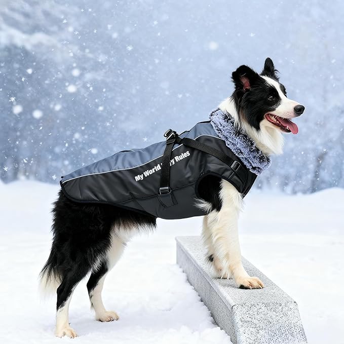 Dog Coat for Medium Large Dogs,Waterproof Reflective Dog Winter Jacket with Harness, Fleece Snowsuit,Warm Pet Winter Coat(Grey-XL)