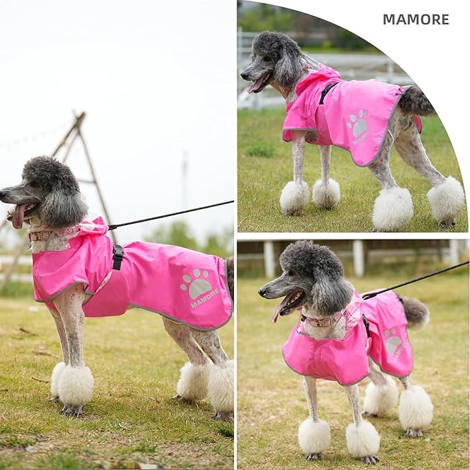 MAMORE Dog Raincoat Hooded Rain Jacket for Small Medium Large Dogs Slicker Poncho Bottom Waterproof Adjustable Reflective Breathable Leash Hole (Pink, X-Large)