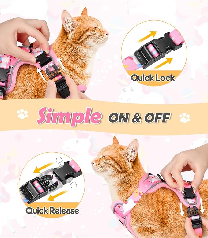 Halypet Cat Harness and Leash Set[MAX Safety 4th-Gen] Cute Escape Proof Vest Harness for Girl&Boy Cat Walking, Comfortable Adjustable Leash and Reflective Strips for Outdoor Kitten, S Pink Unicorn