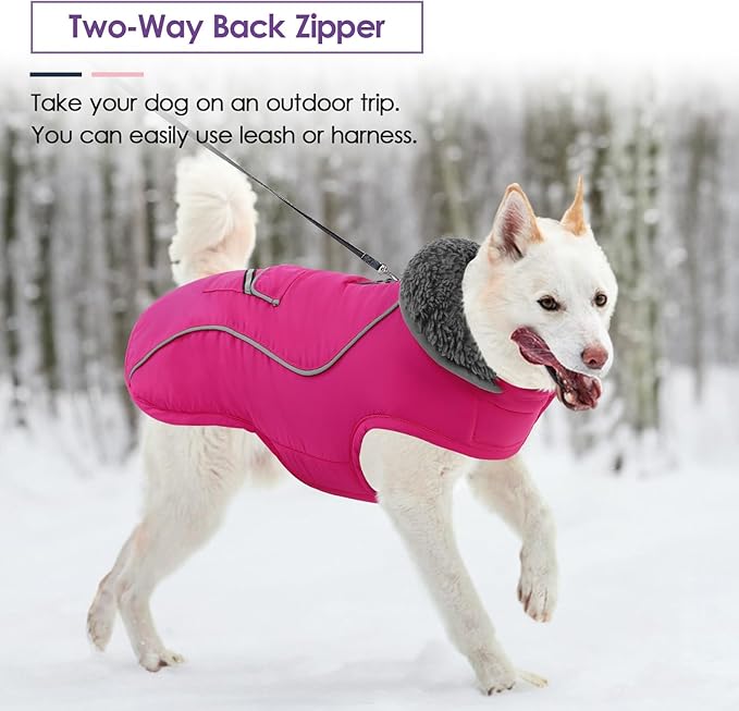 SUNFURA Small Dog Coat, Warm Dog Jacket with Zippered Leash Hole, Reflective Pet Winter Coat Fleece Jacket with Adjustable Furry Collar for Small Dogs Schnauzer, Yorkshire Terrier, Hot Pink S