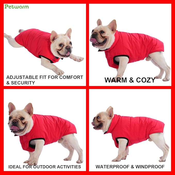 PetWarm Reversible Dog Winter Coat, Windproof Dog Puffer Vest, Soft Vest for Dogs with Hook-and-Loop Strap for Easy Dressing, Waterproof Coat for Dogs with Adjustable Fit, Red, S