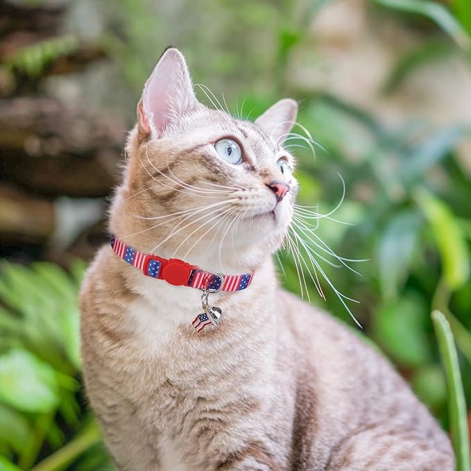 3 Pack Breakaway Cat Collars with Bell- 4th of July Cat Collar,Independence Holiday American Flag Kitty Collar for Girl Boy Cats with Safety Buckle- Cute Kitten Collar Adjustable 8"-12"