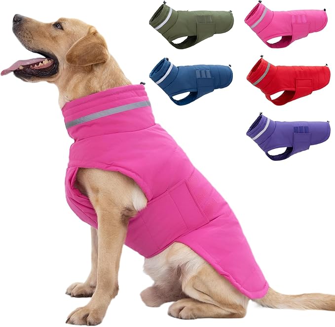 Dog Coat, Waterproof Winter Jacket, Warm Windproof Vest, Reflective Adjustable Turtleneck Coats for Medium and Large Dogs with Hook & Loop - Pink - L