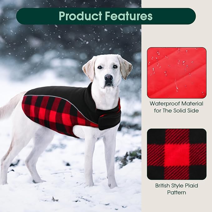 Kuoser Dog Winter Coat, Reversible Waterproof Dog Jacket with Reflective Strip, Warm Dogs Fleece Vest Adjustable Doggy Cold Weather Clothes Plaid Christmas Outfit Pet Apparel for Large Dogs, Red L