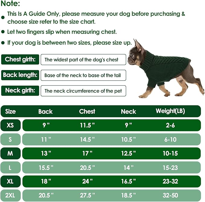 Dog Sweaters for Large Dogs Classic Turtleneck Dog Christmas Sweater Thick Warm Pullover Male Puppy Pet Stretch Knitwear Fall Winter Clothes with Leash Hole(Green, 2XL)