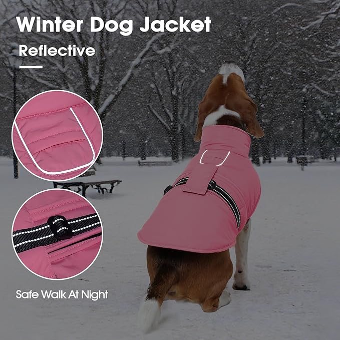 IECOii Dog Coats for Winter - Reflective & Adjustable & Windproof Vest, Quick Release Buckle & Warm Fleece Lined, Waterproof Snow Jacket for Pitbull Walking, Camping, Hiking, Skiing, Pink, Size XL