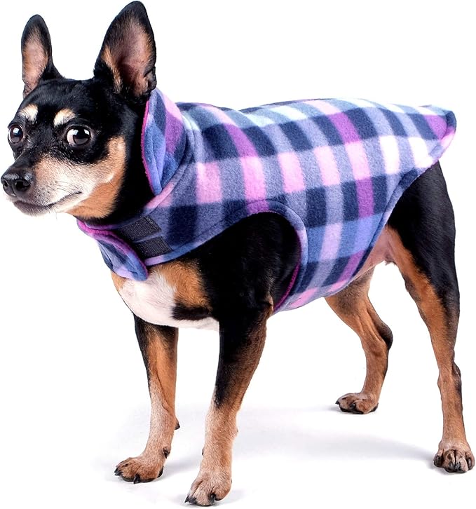The Worthy Dog Fargo Fleece Check Dog Jacket, Adjustable Reversible with Harness Hole, Wind-Resistant, Winter Outdoor Clothes for Pets, Purple - 22''