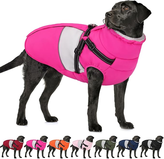 AOFITEE Dog Coat, Large Dog Jacket, Dogs Coat with Harness Built in, Reflective Waterproof Dogs Jackets Winter with Furry Collar, Warm Polar Fleece Pet Sweater Snowsuit for Doberman, Great Dane, XXL