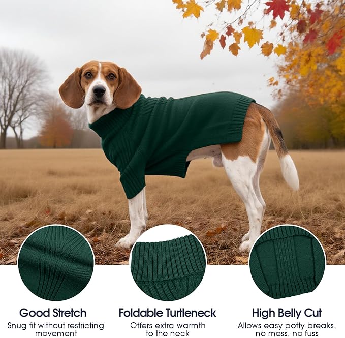 IECOii Dog Sweaters for Medium Dogs Girl Boy,Christmas Knit Doggy Sweatshirt with Sleeve,Turtleneck Thick Warm Dog Sweaters for Winter,Pullover Knitwear for French Bulldog,Boston Terrier (Green, L)