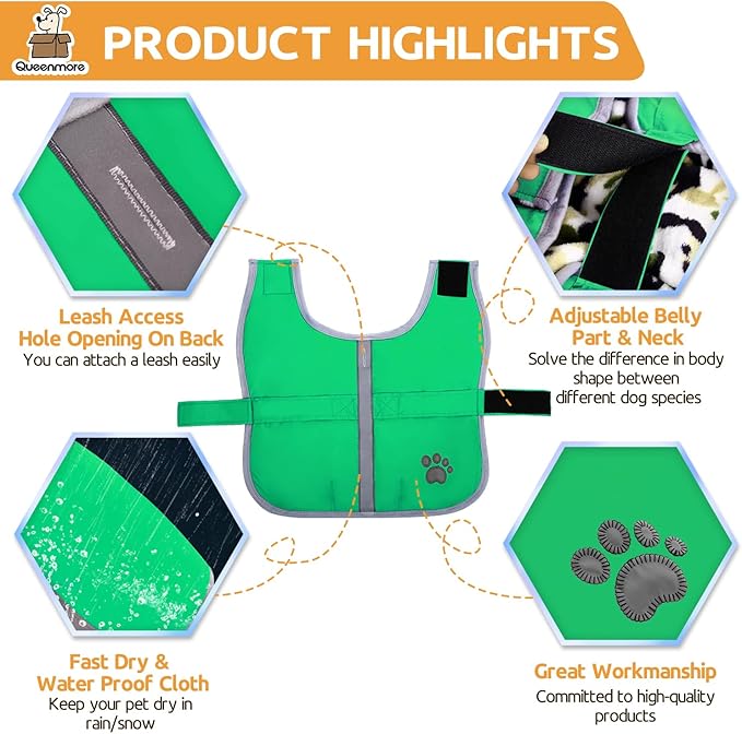 Queenmore Dog Winter Coat, Cold Weather Fleece Jacket for Dogs, Waterproof Reflective Reversible, for Small, Medium and Large Dogs (Green, 2XL)