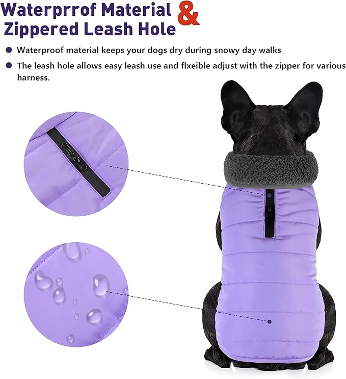 Dog Winter Coat, Waterproof Dog Jacket with Leash Hole, Reflective Adjustable Pet Snow Vest, Warm Fleece Sweater for Small Medium Large Dogs - Light Purple, M