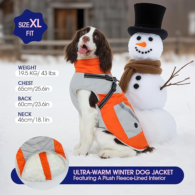 FUAMEY Dog Winter Jackets for Large Dogs,Dog Coat with Harness Built in,Waterproof Dogs Snowsuits Warm Pet Jacket Zip Up Fleece Cold Weather Coats Reflective Puppy Vest with Pocket Orange XL