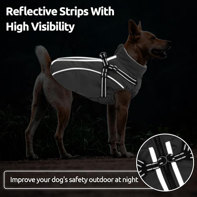 Dog Winter Coat with Harness Built in Warm Puffer Dog Jackets for Small Medium Large Dogs Windproof Waterproof Outfit with Plush Lining and Reflective Stripes (Grey, XL)