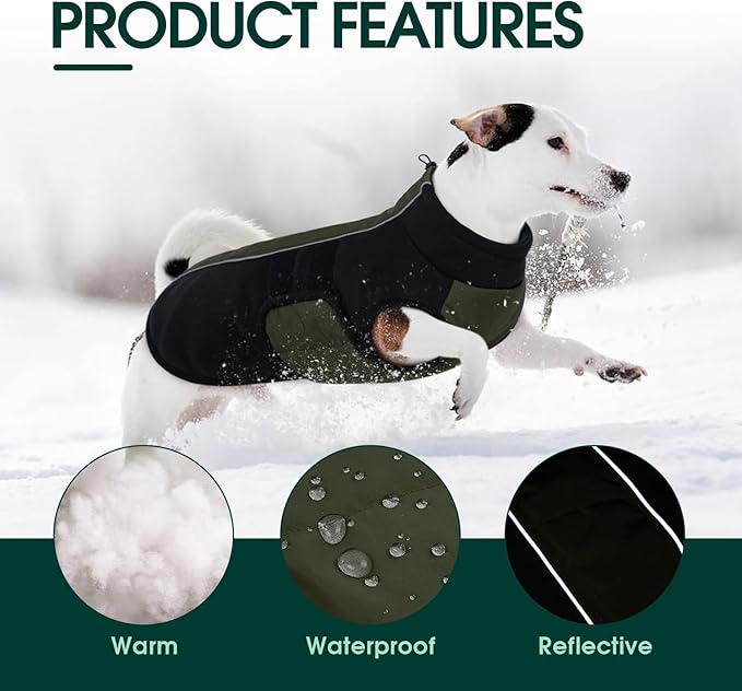 Kuoser Dog Jacket, Winter Dog Coats for Medium Dogs, Reflective Doggie Cold Weather Coats Pet Clothes, Puppy Snow Jacket for Frech Bulldog, Boston Terrier, Green L