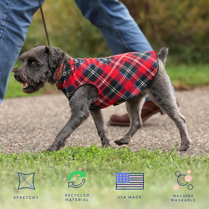 Goldpaw Stretchy Fleece Jacket for Small Dogs - Super Soft, Warm Dog Sweater - Pet Sweater Vest for Fall and Winter - Canine Clothes Made in The USA - Machine Washable - Mulberry Plaid - Size 18