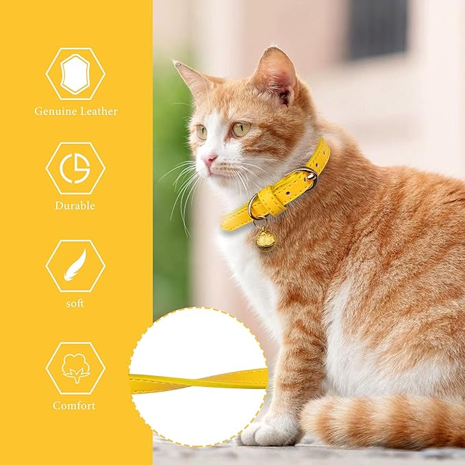 3 Pack Leather Cat Collars with Bells Soft Pet Safety Collar Kitten Collars with Bell Orange Yellow Mint Green(XS)