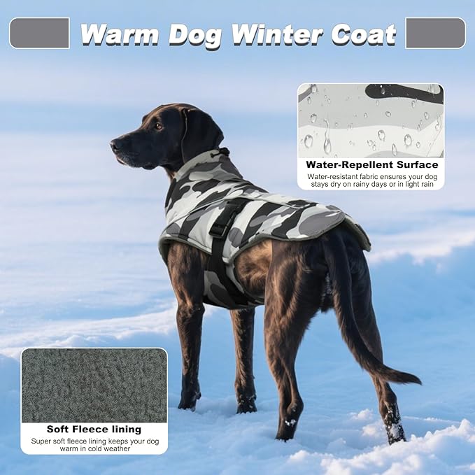 DENTRUN Small Dog Winter Warm Coat - Windproof Cozy Jacket, Thick Fleece Vest with Adjustable Belt, Water Repellent, Reflective Dog Sweater for Yorkie Dachshund Wear, White Camo, S