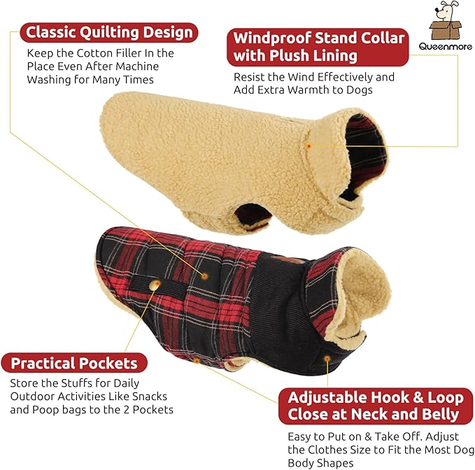 Queenmore Dog Winter Coat Warm Dog Jacket for Cold Weather, Quilting Puffer Plaid Coats for Small/Medium Dogs Waterproof,Girl/Boy Pet Christmas Coat,Pet Snowsuit with Leash Hole/Fleece Padding, L