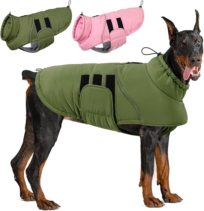 ASENKU Extra Warm Dog Coat - Winter Jacket with Fleece, Reflective, Adjustable, Zippered Leash Hole for Large Dogs (Green, 3XL)