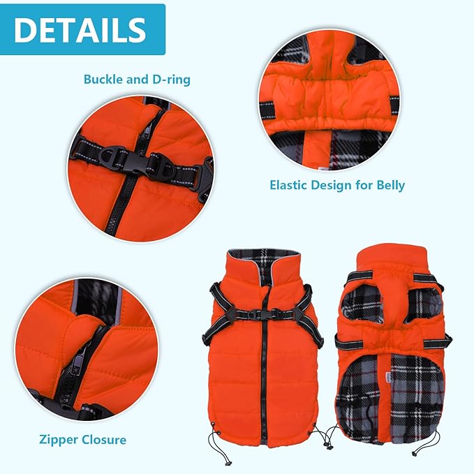 Geyecete Winter Warm Coat Waterproof Dog Winter Jacket with Harness Traction Belt,Pet Outdoor Jacket Dog Autumn and Winter Clothes for Medium, Small Dog-Orange-S