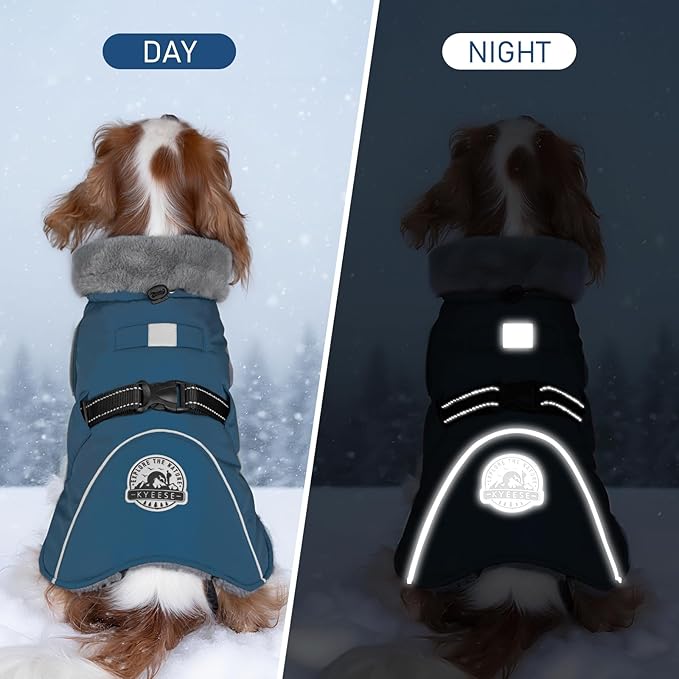 KYEESE Waterproof Dog Coat, Windproof Winter Jacket with Thick Fleece Lining, Extra Warm Turtleneck Dog Coats for Medium Dogs with Leash Hole and Reflective Design, Navy Blue, X-Large
