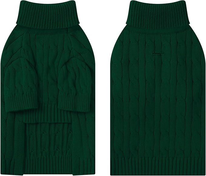 Small Dog Thermal Pullover Sweater, Classic Turtleneck Cable Knitwear Dog Clothes for Cold Weather Warm Pet Clothes for Chihuahua, Bulldog, Dachshund, Pug Green X-Large