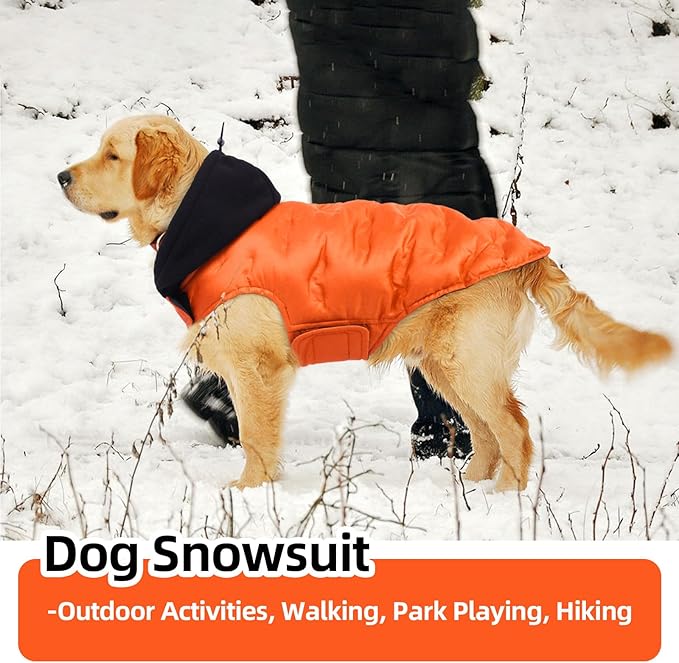 Nanaki Lightweight Dog Down Jacket With Leash Hole-Large Winter Dog Coat Reflective Stripes, Warm Snow Coat With Hood, Windproof Snowsuit For Cold Weather, Puffer Jacket For Outdoor Activities, Orange