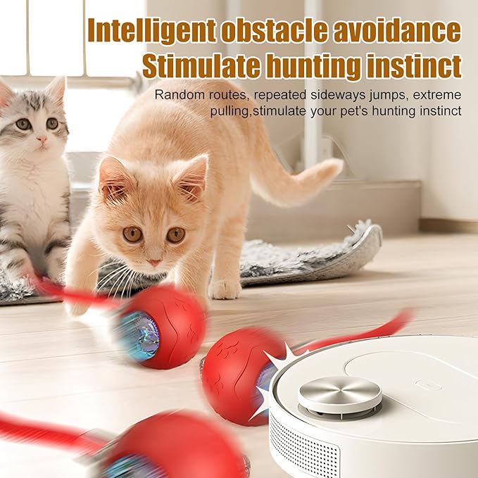 Interactive Cat Toys Ball for Indoor Cats, 2025 Newly Upgraded Automatic Rolling Balls, Moving Cat Ball with Elastic Mesh Tail, Kitten Toys for for Bored Indoor Adult Cats/Dog (Red)