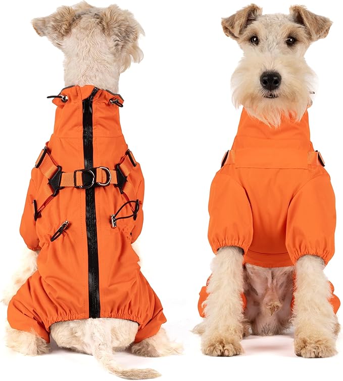 Mile High Life Waterproof Dog Raincoat, Full Coverage Small Dog Rain Coat with Harness, Adjustable 4 Legs Puppy Rain Jacket with Reflective Strip and Elastic Cuffs (Orange, L Back Length 16.1")