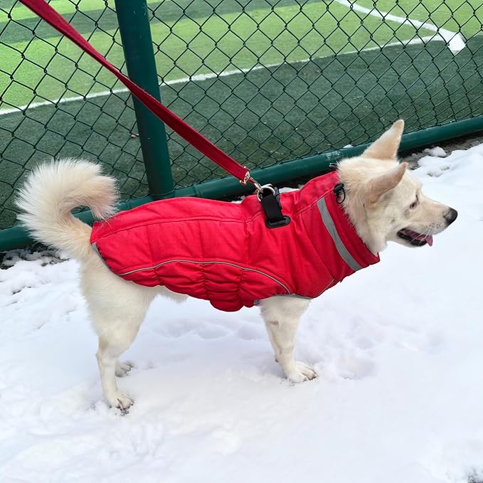 Malier Dog Coat, Reflective Dog Jacket Waterproof Windproof Puppy Cold Weather Coats with Harness Built in, Winter Extra Warm Pet Coat Fleece Vest for Small Large Pets and Puppy (Red, XXX-Large)