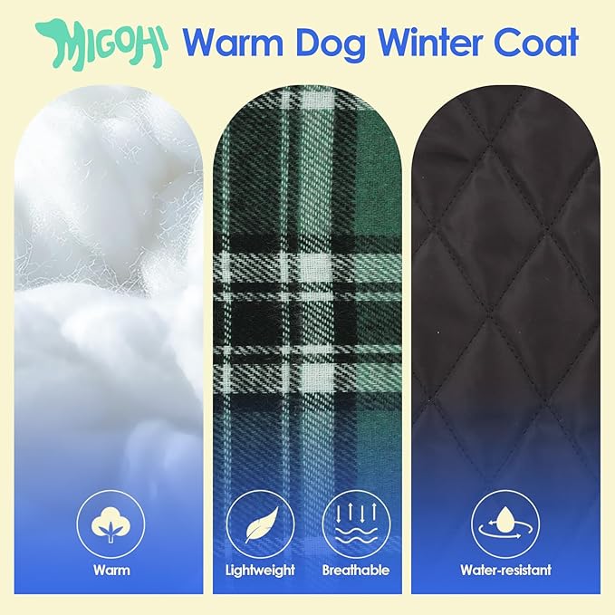 MIGOHI Reversible Dog Coat, Windproof Waterproof Warm Jacket for Cold Weather, British Style Plaid, Small Medium Large Dogs, Green, S
