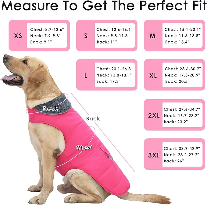 Dog Coat, Waterproof Dog Winter Jacket with Pocket, Reflective Adjustable Pet Snow Vest, Warm Cozy Fleece Sweater for Small Medium Extra Large Dogs - Pink, 2XL