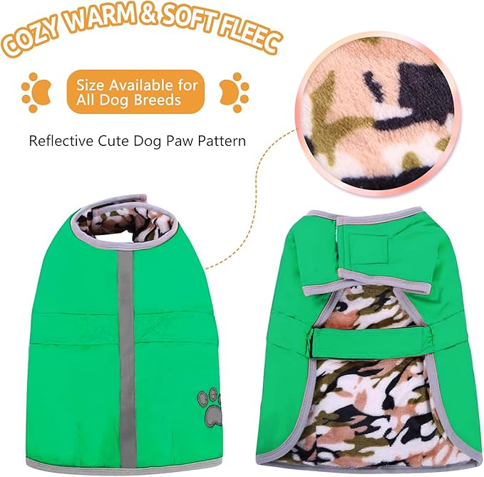 Queenmore Dog Winter Coat, Cold Weather Fleece Jacket for Dogs, Waterproof Reflective Reversible, for Small, Medium and Large Dogs (Green, 2XL)