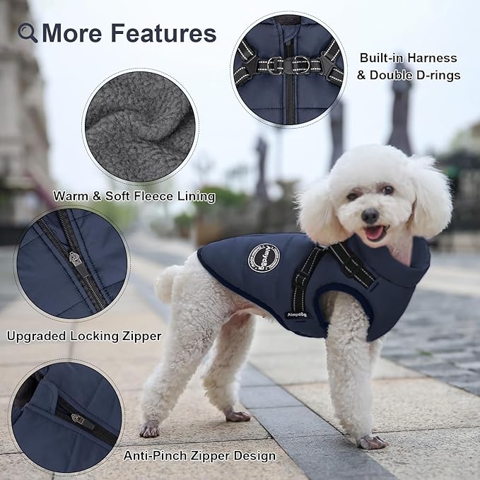 Warm Coat for Dogs, Fashion Sports Jacket with Built-in Harness, Adjustable Pet Vest - Waterproof and Reflection, Navy