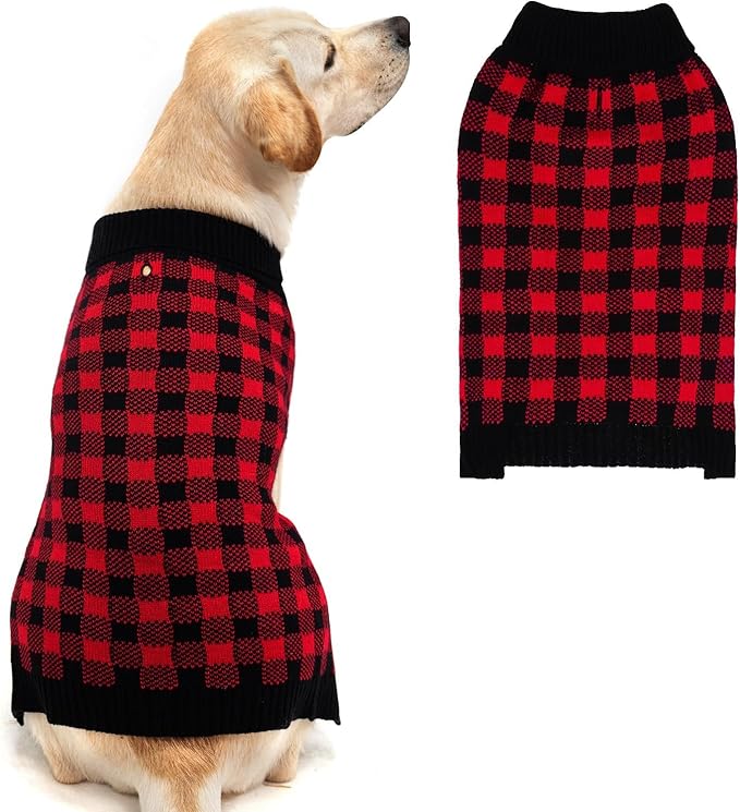 PUPTECK Dog Sweaters for Large Medium Small Dogs - Fall Classic Plaid Style Puppy Holiday Winter Coat Clothes Warm