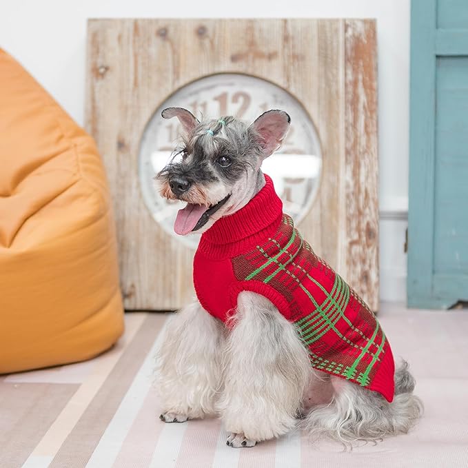 PUPTECK Dog Christmas Sweaters for Large Medium Small Dogs - Fall Outfit Classic Plaid Style Puppy Holiday Winter Coat Clothes Warm