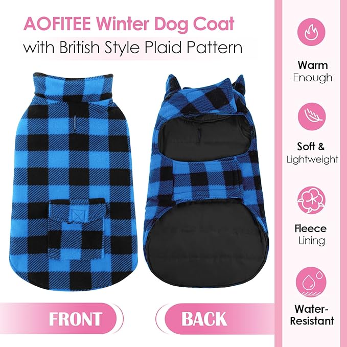 AOFITEE Dog Coat Plaid Dog Winter Coat for Large Dogs, Warm Dogs Jacket Christmas Sweater, Waterproof Pet Puffer Jacket, Reversible Pet Cold Weather Coats for Small Medium Large Pets, Blue XXXL