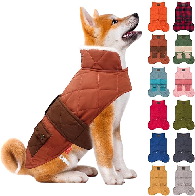 KYEESE Dog Coat Windproof Dog Coats for Small Dogs Soft Pet Sweater for Cold Weather Thick Cat Clothes with Pocket Warm Pet Winter Puffer Coat with Leash Hole Waterproof Dogs Jacket with Fleece Lined