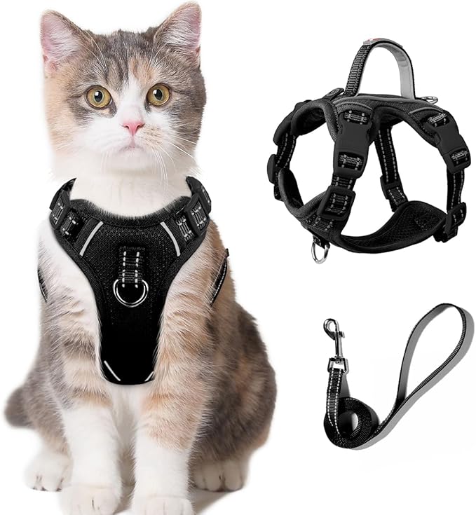 Cat Harness and Leash Set for Walking Escape Proof for Small Large cat Kitten Harness with ID tag Pocket (Black,S)
